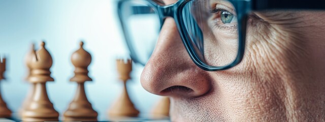  A tight shot of a person wearing glasses studying chess pieces up close on a chessboard