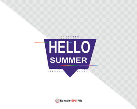 Hello summer button, sun and sale. Vector minimalistic illustration of sun rays, swimming pool with sun lounger and umbrella and tropical palm leaf, orange and sea beach with sand for background