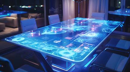 Concept of a modern office and gaming table equipped with a display screen and neon lights.