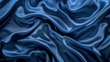 Poster - A close-up image of smooth, blue silk fabric draped and folded, creating a wave-like pattern. The fabric is soft and luxurious, with a sheen that reflects the light.