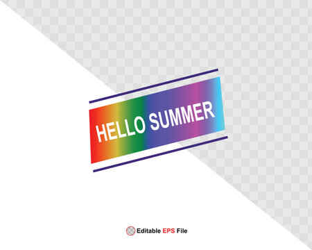 Hello summer button, sun and sale. Vector minimalistic illustration of sun rays, swimming pool with sun lounger and umbrella and tropical palm leaf, orange and sea beach with sand for background