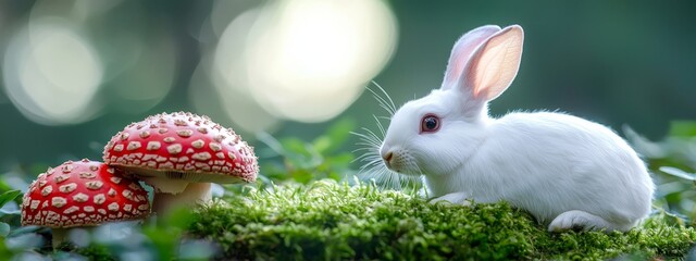 Wall Mural -  Two white rabbits atop moss-covered grounds, one near a mushroom