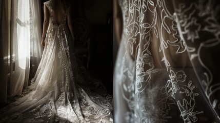 Poster - A bride stands in a room, her back to the camera, her flowing white dress with intricate floral lace detailing spread out before her. Light streams through a window behind her, illuminating the delica