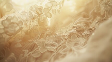 Poster - A close-up shot of white lace fabric with a floral pattern. The fabric is draped and illuminated by soft sunlight, creating a delicate and romantic atmosphere. The intricate details of the lace are vi