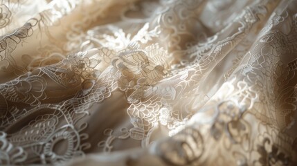 Poster - A close-up of delicate white lace fabric, folded and layered, showcasing the intricate floral patterns of the lace. The fabric is soft and sheer, with a light and airy feel.