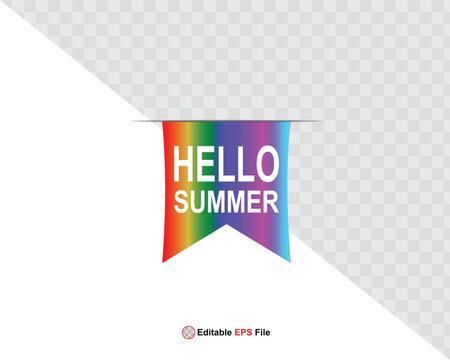 Hello summer button, sun and sale. Vector minimalistic illustration of sun rays, swimming pool with sun lounger and umbrella and tropical palm leaf, orange and sea beach with sand for background