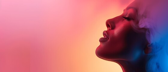 Wall Mural -  Close-up of woman's face with smoke curling from mouth against multicolored backdrop