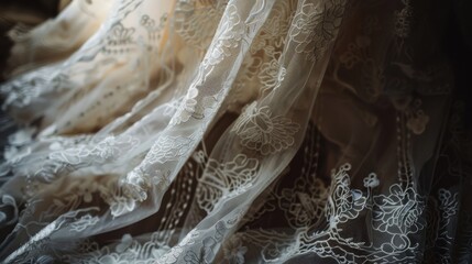 Poster - A close-up shot of soft, white lace fabric with intricate floral patterns. The fabric is draped over a dark surface, creating a subtle interplay of light and shadow. The delicate embroidery and flowin
