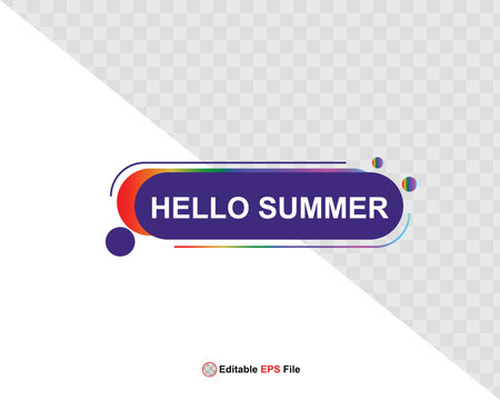 Hello summer button, sun and sale. Vector minimalistic illustration of sun rays, swimming pool with sun lounger and umbrella and tropical palm leaf, orange and sea beach with sand for background