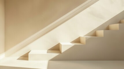 Poster - A modern staircase with a minimalist design is bathed in warm sunlight. The light casts shadows on the white walls and steps, creating a sense of depth and tranquility. The staircase appears to be in 