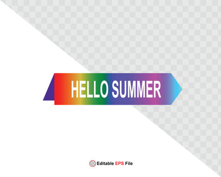 Hello summer button, sun and sale. Vector minimalistic illustration of sun rays, swimming pool with sun lounger and umbrella and tropical palm leaf, orange and sea beach with sand for background