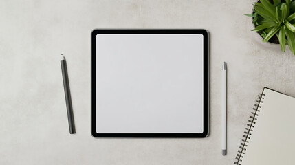 A tablet mockup with a blank screen, placed on a modern desk with a stylus and notebook, ideal for displaying digital artwork or apps.