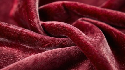 Poster - A close-up image captures the soft texture of red velvet fabric. The material is folded and draped, revealing a subtle pattern woven into the fabric. The deep, rich red color adds a touch of elegance 