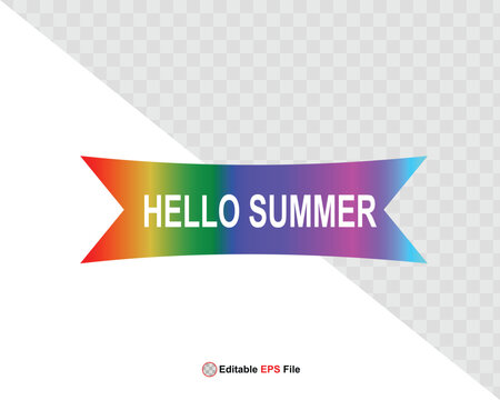 Hello summer button, sun and sale. Vector minimalistic illustration of sun rays, swimming pool with sun lounger and umbrella and tropical palm leaf, orange and sea beach with sand for background