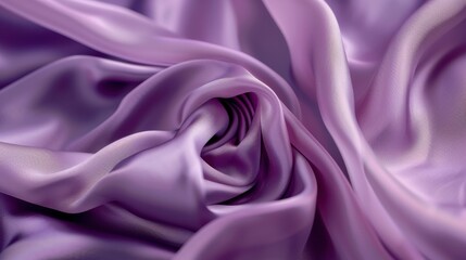 Poster - A close-up image showcasing the smooth, silky texture of a lavender satin fabric. The fabric is draped in soft folds, creating a delicate and elegant composition. The light catches the satin's surface