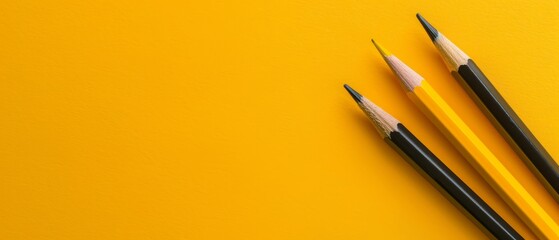 Poster -  Two pencils aligned on a yellow tabletop A black eraser rests beside them