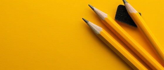 Wall Mural -  Two pencils stacked on a yellow surface One pencil has a black eraser at its tip