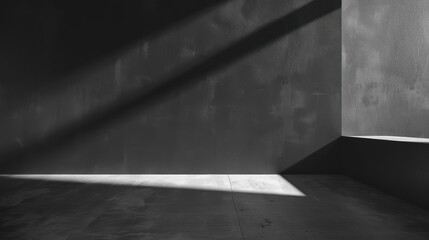 Leinwandbilder - A single beam of sunlight cuts through the darkness of a concrete room, illuminating the floor and a small ledge in the corner. The light casts long shadows on the walls, creating a stark contrast bet