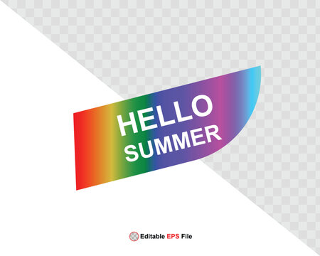 Hello summer button, sun and sale. Vector minimalistic illustration of sun rays, swimming pool with sun lounger and umbrella and tropical palm leaf, orange and sea beach with sand for background