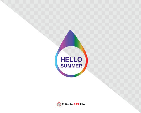 Hello summer button, sun and sale. Vector minimalistic illustration of sun rays, swimming pool with sun lounger and umbrella and tropical palm leaf, orange and sea beach with sand for background
