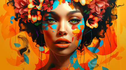 Wall Mural - modern painting in pop art style of young beautiful woman with flowers in her hair on bright colorfu