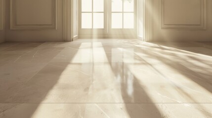 Aufkleber - Sunlight streams in through windows onto a clean tile floor in a room with white walls and trim. The sunbeams create light and shadow patterns on the floor.