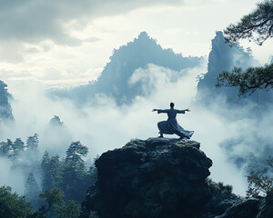 A man in traditional clothing practices martial arts on a mountain peak, surrounded by mist and clouds.