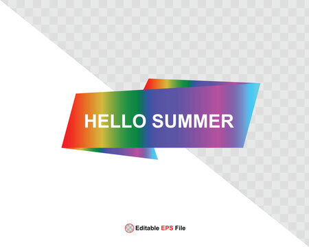 Hello summer button, sun and sale. Vector minimalistic illustration of sun rays, swimming pool with sun lounger and umbrella and tropical palm leaf, orange and sea beach with sand for background