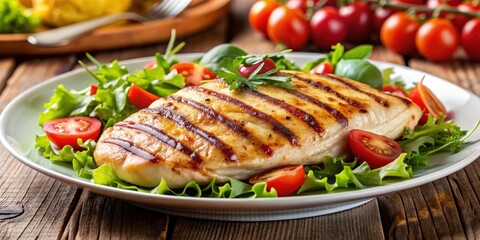 Close up of grilled chicken and salad on a plate , food, grilled chicken, salad, healthy eating, close up, plate, table