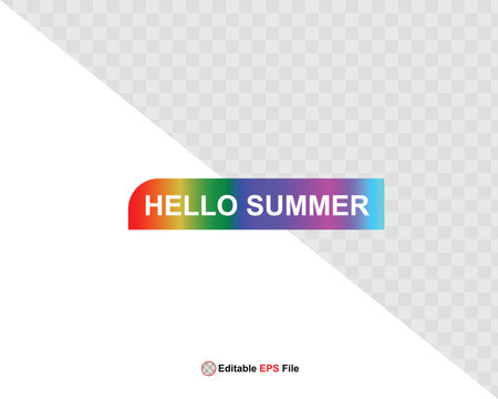 Hello summer button, sun and sale. Vector minimalistic illustration of sun rays, swimming pool with sun lounger and umbrella and tropical palm leaf, orange and sea beach with sand for background