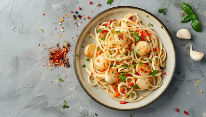 Wall Mural - Delicious scallop pasta with spices in bowl on gray textured table, top view. Space for text