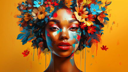 Wall Mural - modern painting in pop art style of young beautiful woman with flowers in her hair on bright colorfu