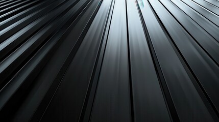 Poster - A close-up shot of a series of black metal roof panels running towards a distant source of light. The panels are arranged in parallel lines, creating a sense of depth and perspective. The light reflec