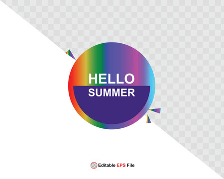 Hello summer button, sun and sale. Vector minimalistic illustration of sun rays, swimming pool with sun lounger and umbrella and tropical palm leaf, orange and sea beach with sand for background