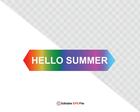 Hello summer button, sun and sale. Vector minimalistic illustration of sun rays, swimming pool with sun lounger and umbrella and tropical palm leaf, orange and sea beach with sand for background