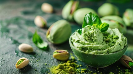 Poster - A bowl of creamy green pistachio ice cream is adorned with fresh basil leaves and sits on a green surface surrounded by pistachio nuts and a scattering of green powder.