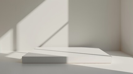 Poster - A white platform sits in a minimalist room with soft, natural light coming in from a window. The light casts long, thin shadows on the platform and the floor.