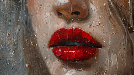 a close-up of a woman's face, with red lips and rain drops on her face.