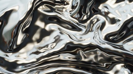 Poster - An abstract digital rendering of a silver liquid with wavy, rippling patterns. The surface is smooth and shiny, reflecting light and creating a sense of movement.