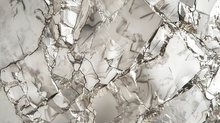 Poster - An abstract image of a cluster of white quartz crystals with many cracks and fractures. The crystal fragments reflect light, creating a shimmering, almost iridescent effect.