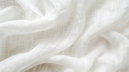 Poster - A close-up image of a white linen fabric with a woven texture. The fabric is crumpled and draped, showcasing the subtle details of the weave. The soft light illuminates the fabric's intricate pattern,