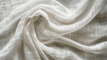 Poster - A close-up of a white linen fabric with a subtle grid pattern. The fabric is draped and folded, creating soft, flowing lines and shadows. The texture of the linen is visible, giving the fabric a natur