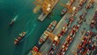 © florynstudio3 - Aerial view of a busy cargo port with ships docked and containers being loaded and unloaded.