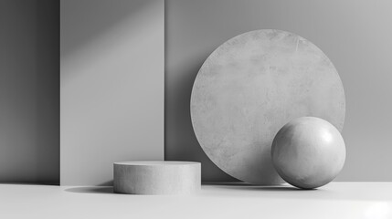 Poster - A grayscale photograph of a simple, minimalist still life. A round cylinder sits in front of two grey walls, one with a large, textured circle on it. The circle is to the right of the cylinder, and a 