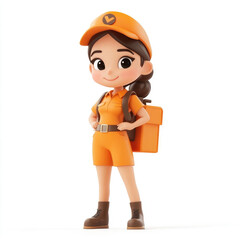 Wall Mural - 3D cartoon, a female courier uniform. on a solid white background