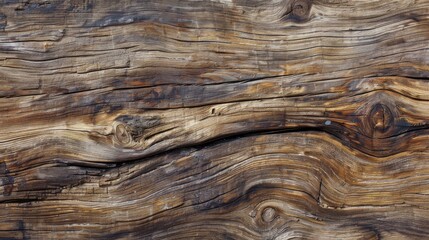 Poster - A close-up view of a weathered wooden plank, showcasing its natural grain, knots, and texture. The wood appears to be aged and worn, with a rich brown color. The image captures the intricate details o