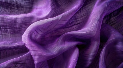 Poster - A close-up image of a piece of purple, sheer fabric with a textured pattern, folded and draped to create soft, flowing curves. The fabric appears delicate and translucent, showcasing its intricate des