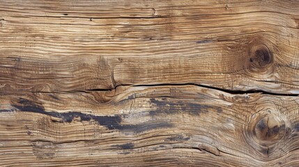Poster - A close-up of a weathered wooden plank, showing the intricate grain patterns, knots, and dark streaks. The wood has a natural, rustic appearance.