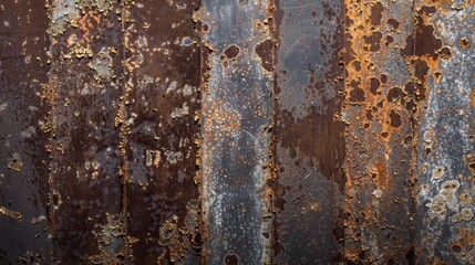 Poster - A close-up photo of a metal surface with several vertical panels covered in rust. The metal is mostly brown with orange and gray patches of rust. The texture is rough and uneven.