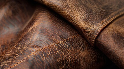 Poster - A close-up photograph of a brown leather jacket seam. The leather is wrinkled and textured, showing the natural beauty of the material. The stitching is visible, creating a contrast in the image. The 